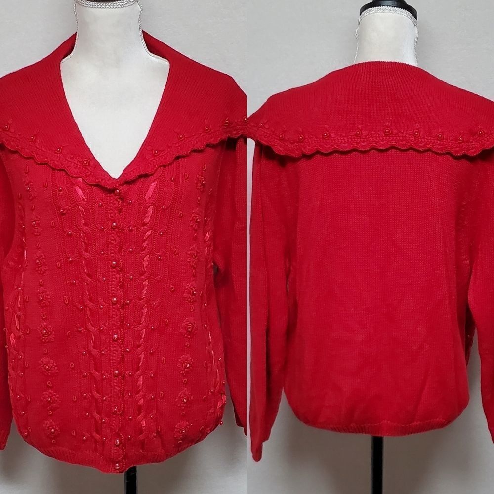 VINTAGE 1970s Maggie Lawrence Red Pearl Ribbon Scalloped Button Up Cardigan